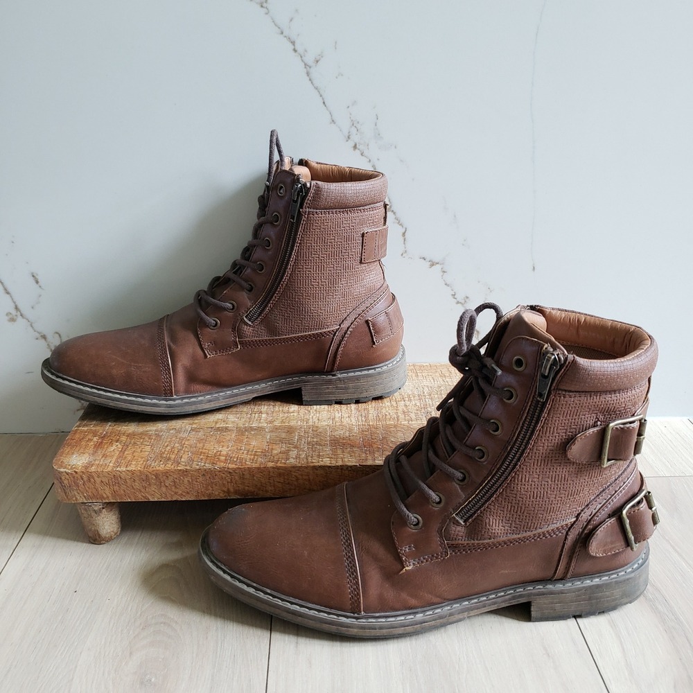 Madden Combat Boots Mens 9.5 Brown M-Traker Side Zip Buckle Lug Sole